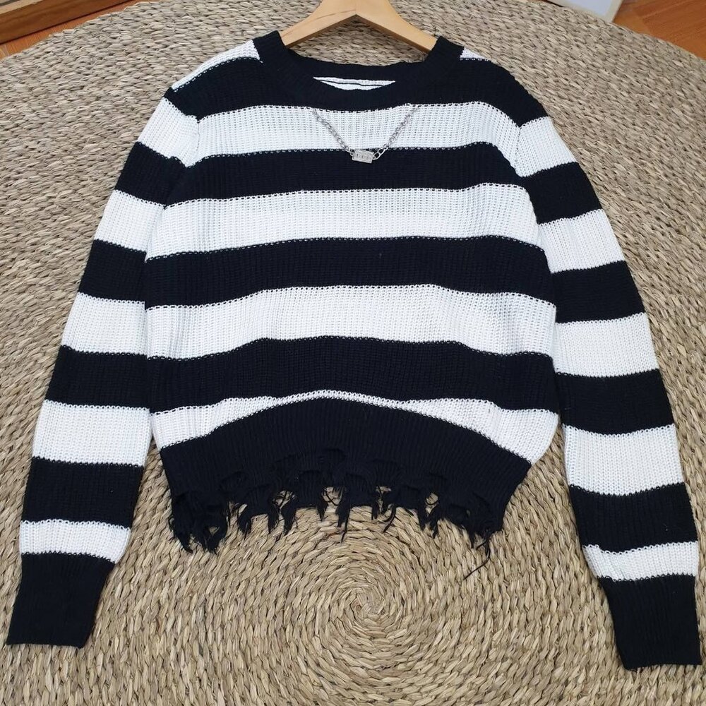 Black White Stripe Distressed Hem Knit Sweater Edgy Cute Top